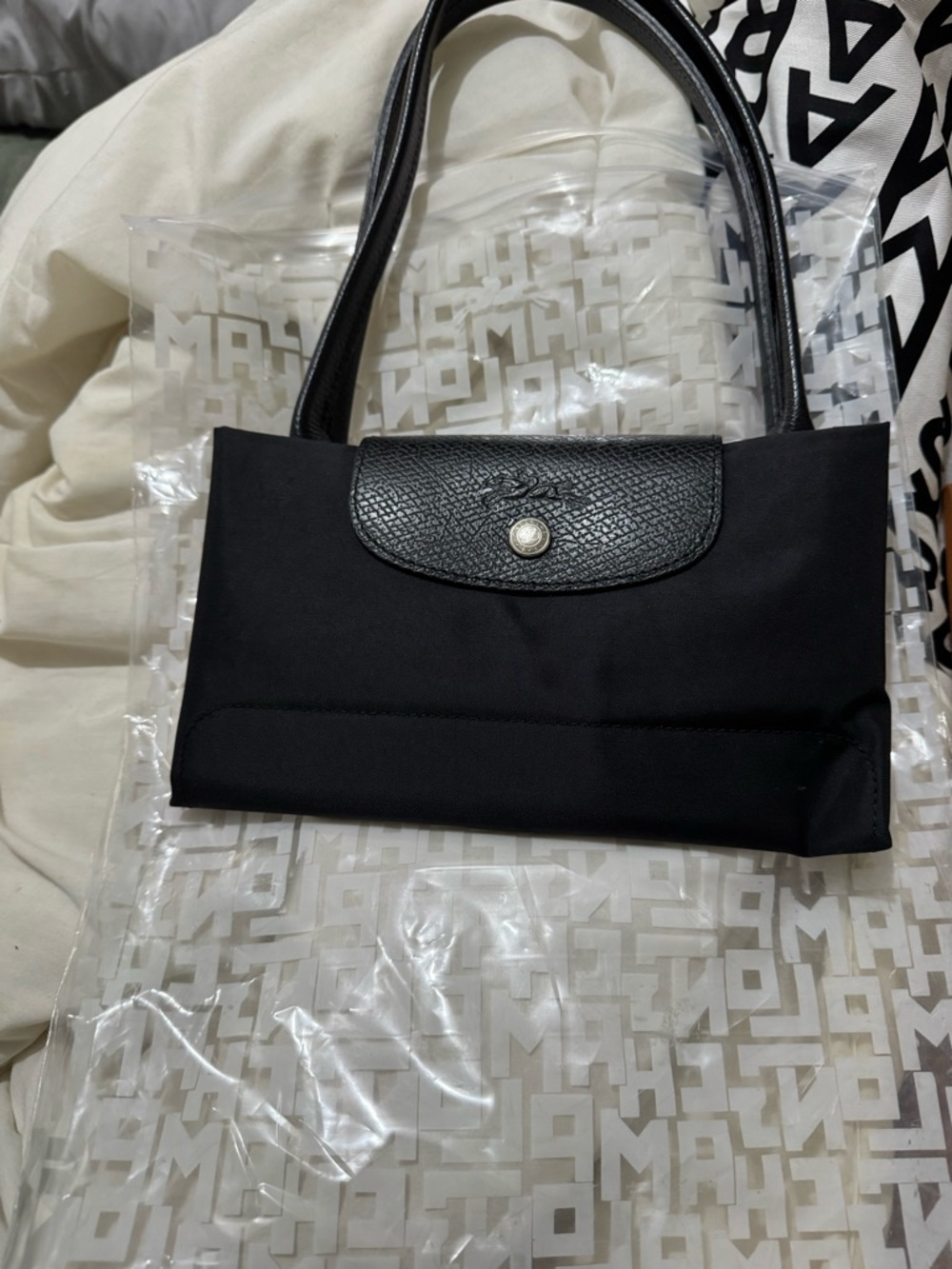 Longchamp Black Nylon Shoulder Bag with Leather Flap